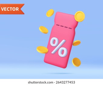 3d render discount coupon with percentage sign with coins. Voucher card cash back template design. Premium special price offers sale coupon. 3d rendering. Vector illustration