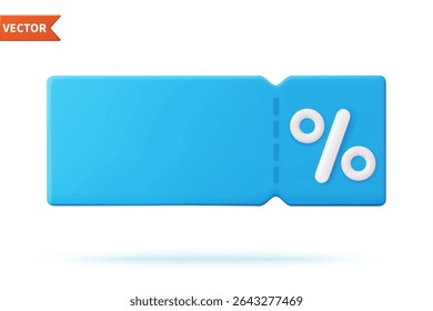 3d render discount coupon with percentage sign. Voucher card cash back template design with coupon code promotion. Premium special price offers sale coupon. Vector illustration