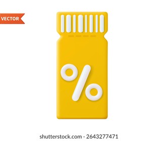 3d render discount coupon with percentage sign. Voucher card cash back template design with coupon code promotion. Premium special price offers sale coupon. Vector illustration
