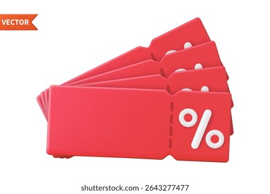 3d render discount coupon with percentage sign. Voucher card cash back template design with coupon code promotion. Premium special price offers sale coupon. Vector illustration