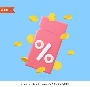 3d render discount coupon with percentage sign with coins. Voucher card cash back template design with coupon code promotion. Premium special price offers sale coupon. Vector illustration