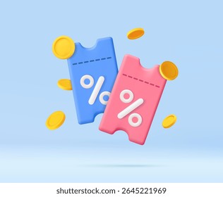 3d render discount coupon with percentage sign with coins. Voucher card cash back template design. Premium special price offers sale coupon. 3d rendering. Vector illustration
