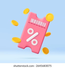 3d render discount coupon with percentage sign with coins. Voucher card cash back template design. Premium special price offers sale coupon. 3d rendering. Vector illustration