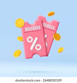 3d render discount coupon with percentage sign with coins. Voucher card cash back template design. Premium special price offers sale coupon. 3d rendering. Vector illustration