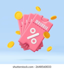 3d render discount coupon with percentage sign with coins. Voucher card cash back template design. Premium special price offers sale coupon. 3d rendering. Vector illustration