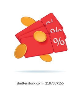 3d render discount coupon stack with percentage sign with falling coins. Voucher card cash back red template. Premium special price offers sale coupon pile. Vector isolated illustration