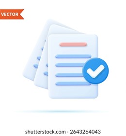 3D render Documents icon. Stack of paper sheets. Confirmed or approved document. Business icon. Vector illustration