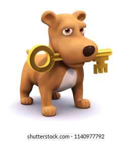 3d render of a dog with a golden key