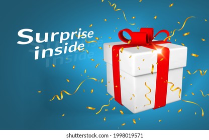 Representación 3D y dibujar por malla caja de regalo realista con arco y confeti. Caja de papel con sombra aislada en fondo azul. Ilustración vectorial.