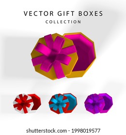 3D render and draw by mesh realistic gift box with bow. Paper box with shadow isolated on white background. Vector illustration.
