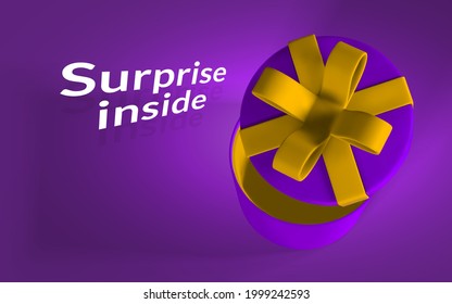3D render and draw by mesh realistic gift box with bow. Paper red box with yellow ribbon and shadow. Vector illustration.
