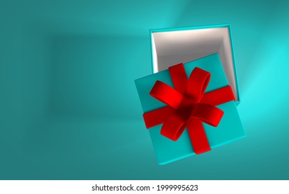 3D render and draw by mesh realistic gift box with red bow. Paper box with red ribbon and shadow isolated on blue background. Vector illustration.