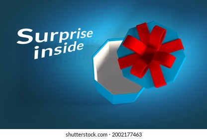 3D render and draw by mesh realistic gift box with red bow. Paper box with red ribbon and shadow isolated on blue background. Vector illustration.