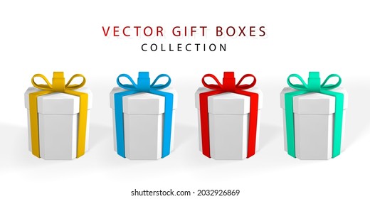 3D render and draw by mesh realistic gift box with bow. Paper box with shadow isolated on white background. Vector illustration.
