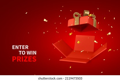 3D render and draw by mesh realistic open red gift box and confetti. Enter to Win Prizes. Vector Illustration.