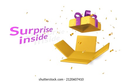 3D render and draw by mesh realistic open gift box. Surprise inside. Vector illustration.