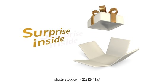 3D render and draw by mesh realistic open gift box. Surprise inside. Paper box with shadow isolated on white background. Vector illustration.