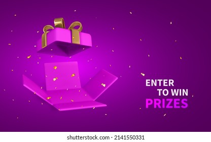3D render and draw by mesh realistic open gift box and confetti. Enter to Win Prizes. Vector Illustration.