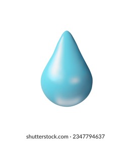 3D render drop water. Realistic raindrop in clay style. Vector illustration about weather forecast. Symbol of wet weather, rain. Blue clean fresh aqua.