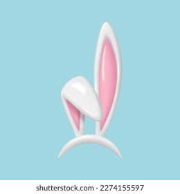 3d render Easter bunny ears mask. Realistic rabbit ears spring hat set isolated on blue background. Vector illustration.