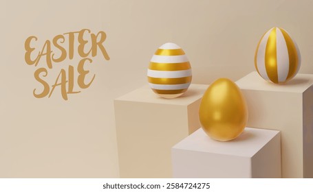 3d render easter cube gold podium, egg banner. Three-dimensional vector illustration. Greeting poster for celebration, springtime holiday, kids hunt or design for sale advertising. Modern template