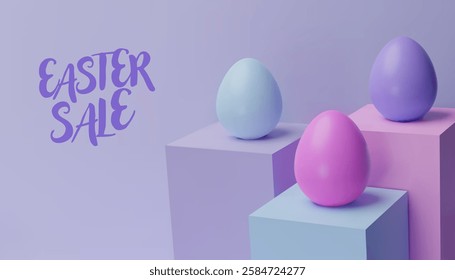 3d render easter cube pastel podium, egg banner. Three-dimensional vector illustration. Greeting poster for celebration, springtime holiday, kids hunt or design for sale advertising. Modern template