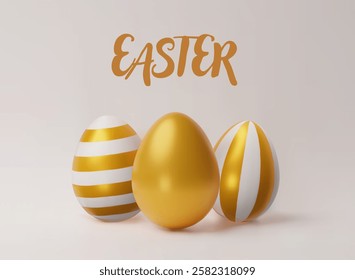 3d render easter gold egg banner. Three-dimensional vector illustration. Greeting poster for celebration, springtime holiday, kids hunt or design for sale advertising. Modern seasonal card template