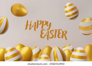 3d render easter gold egg banner frame. Three-dimensional vector illustration. Greeting poster for celebration, springtime holiday, kids hunt or design for sale advertising. Modern seasonal template