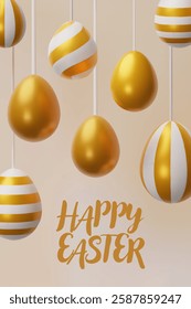 3d render easter gold egg poster. Three-dimensional vector illustration. Greeting poster for celebration, springtime holiday, kids hunt or design for sale advertising. Modern seasonal card template