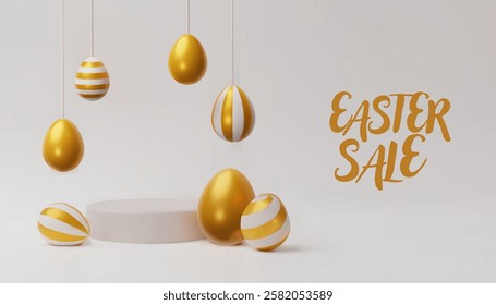 3d render easter gold podium, egg banner. Three-dimensional vector illustration. Greeting poster for celebration, springtime holiday, kids hunt or design for sale advertising. Modern seasonal template