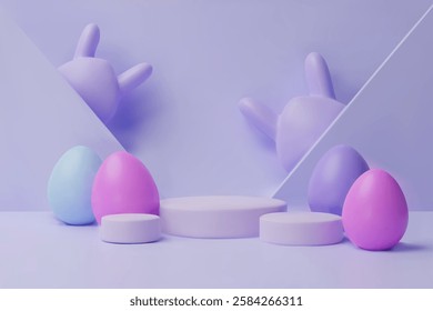 3d render easter pastel podium, egg bunny banner. Three-dimensional vector illustration. Greeting poster for celebration, springtime holiday, kids hunt or design for sale advertising. Modern template