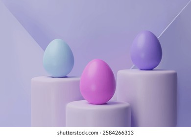 3d render easter three pastel podium, egg banner. Three-dimensional vector illustration. Greeting poster for celebration, springtime holiday, kids hunt or design for sale advertising. Modern template