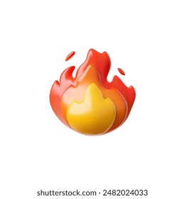 3D rendern Emoji-Ikone des roten gelben Feuers mit heißen Funken. Realistisches Brenngas. Wärme. Lagerfeuer- oder Lagerfeuerzeichen. Vektorillustration isoliert auf weißem Hintergrund.