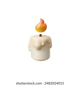 3D render emoji icon of a small white candle with hot wax flowing down it. An almost burnt candle with a short wick and a warm flame. Vector illustration isolated on white background.