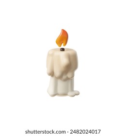 3d render emoji icon of a white burning candle with hot wax flowing down it. The candle is half burned out. Warm flame. Vector illustration isolated on white background.