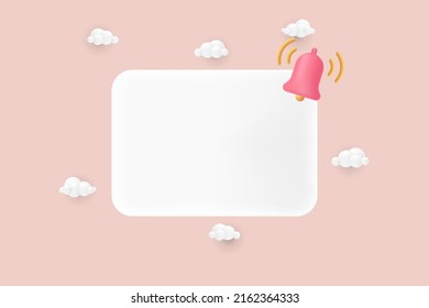 3d Render Empty Reminder Popup, Push Notification 3d Icon With Pink Bell. 3D Model Renders The Design For Email Web Symbol, Smartphone App, Template, And Copy Space. 3d Vector Illustration.