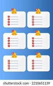3d render Empty reminder popup, push notification icon with Cute yellow bell. 3D Model render for design. 