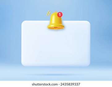 3d render Empty reminder popup, push notification icon with Cute yellow bell. 3D Model render for design. Email web symbol, mobile phone app, template, copy space. Vector illustration