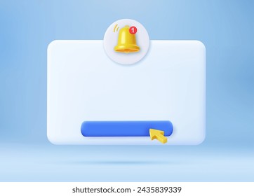 Recordatorio vacío de renderización 3d, pulse el icono de notificación con timbre amarillo lindo. Modelo 3D para el diseño. Símbolo web de correo electrónico, aplicación de teléfono móvil, plantilla, espacio de copia. Ilustración de vector