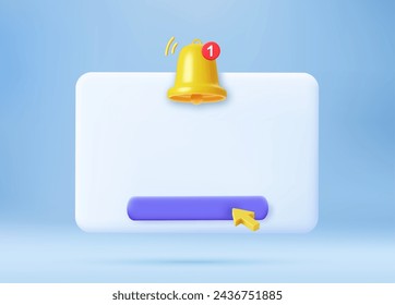 3d render Empty reminder popup, push notification icon with Cute yellow bell. 3D Model render for design. Email web symbol, mobile phone app, template, copy space. Vector illustration