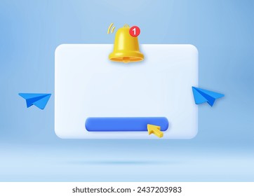 3d render Empty reminder popup, push notification icon with Cute yellow bell. 3D Model render for design. Email web symbol, mobile phone app, template, copy space. Vector illustration