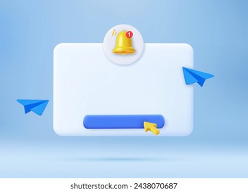 3d render Empty reminder popup, push notification icon with Cute yellow bell. 3D Model render for design. Email web symbol, mobile phone app, template, copy space. Vector illustration