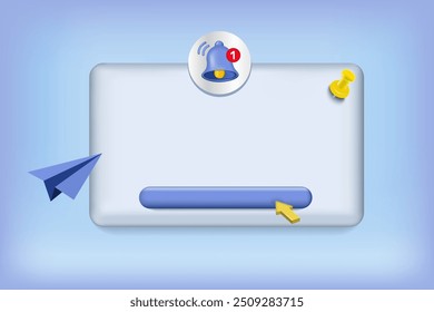 3d render Empty reminder popup, push notification icon with bell. 3D Model render for design. Event alert message, web notification box and announcement notice. Business planning, events, reminder.