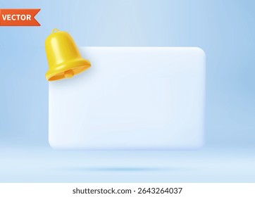 Rendu 3d Fenêtre contextuelle de rappel vide, icône de notification push avec une cloche jaune mignonne. Rendu de modèle 3D pour la conception. Symbole de web électronique, application de téléphone mobile, template, espace pour copie. Illustration vectorielle