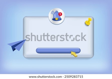 3d render Empty reminder popup, push notification icon with bell. 3D Model render for design. Event alert message, web notification box and announcement notice. Business planning, events, reminder.