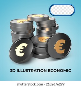 3D render Euro coins on different angles, isolated on white background. Bundle of cash. Money-saving, cashless society concept. 3d rendering