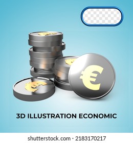 3D render Euro coins on different angles, isolated on white background. Bundle of cash. Money-saving, cashless society concept. 3d rendering