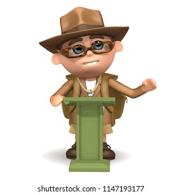 3d render of an explorer at a lectern