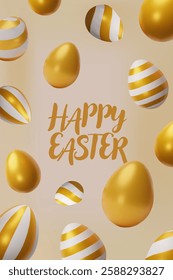 3d render falling easter gold egg banner poster. Three-dimensional vector illustration. Greeting poster for celebration, springtime holiday, kids hunt or design for sale advertising. Modern template