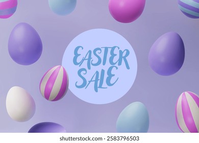 3d render falling easter pastel egg banner frame. Three-dimensional vector illustration. Greeting poster for celebration, springtime holiday, kids hunt or design for sale advertising. Modern template